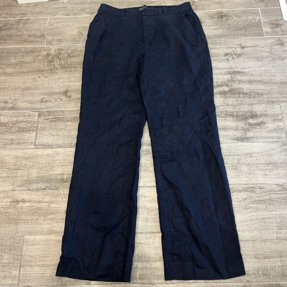 Lauren Ralph Lauren Sanderson 100% Linen Pants Navy Blue Wide Leg Size 10